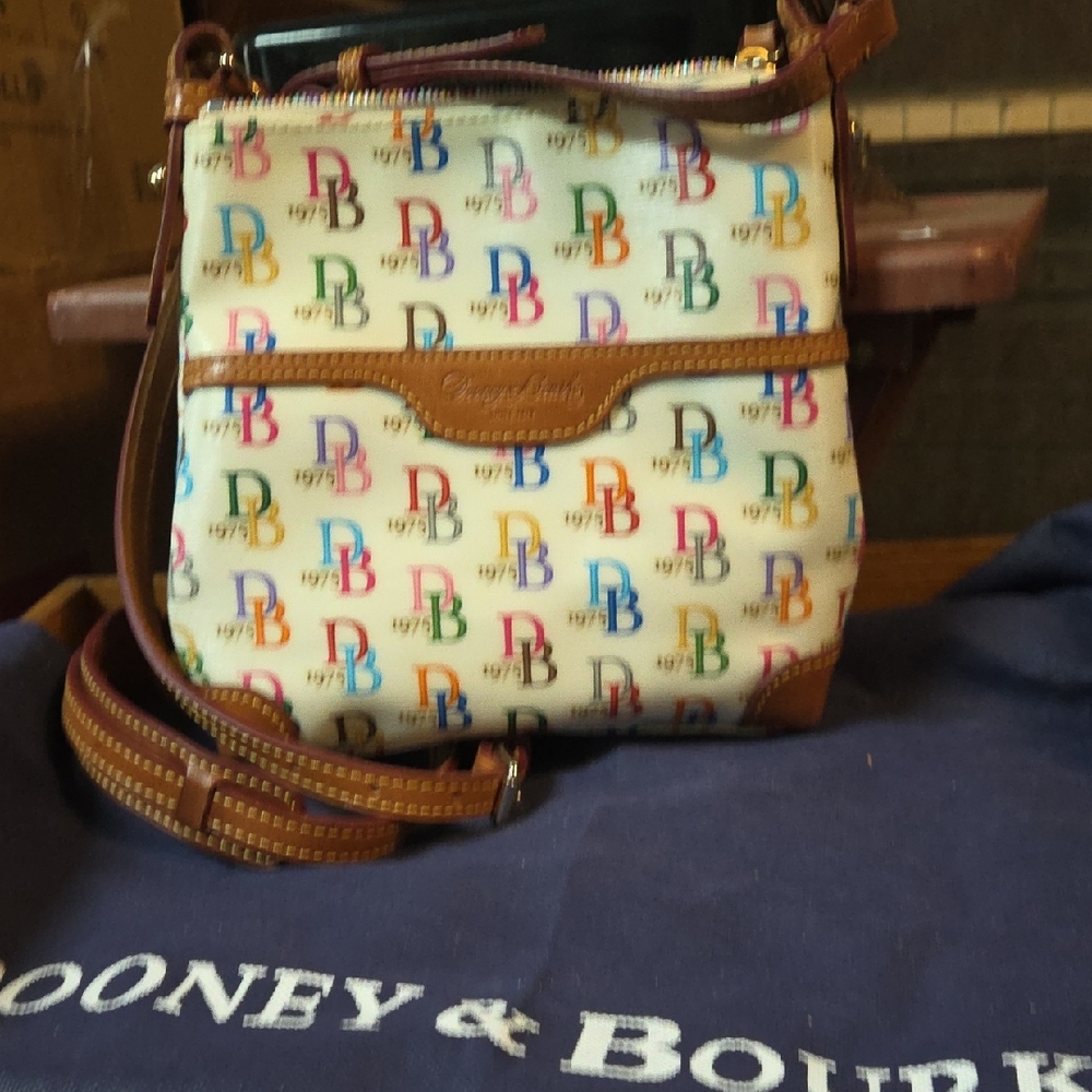 Dooney & Bourke Cream Multicolor DB Logo Crossbody with Brown Trim